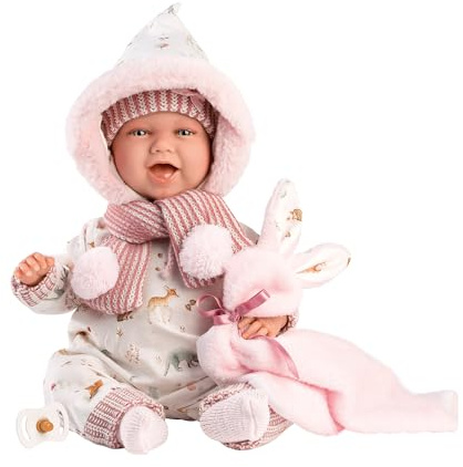 Llorens 1074030 Docka Mimi Hare, med blå ögon och med mjuk kropp, babydocka inklusive outfit, napp, nappkedja och mjuk filt med skogsdjurmotiv, 42 cm