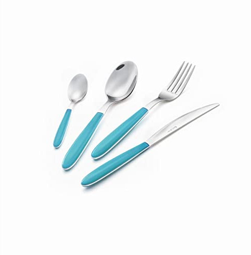 EME POSATERIA MADE IN ITALY - Servizio 24 Posate Tavola Vero 6 Persone Acciaio 18/C Moderne Colorate, Colore Manico: Turchese Trasparente 311