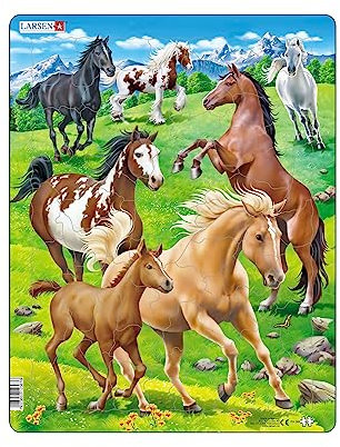 Larsen Puzzle FH38 Galoppierende Pferde auf Bergwiese, Alter 6–10, Kinder Puzzle, 65 Teile, Spielspaß & Lernen, Rahmenpuzzle