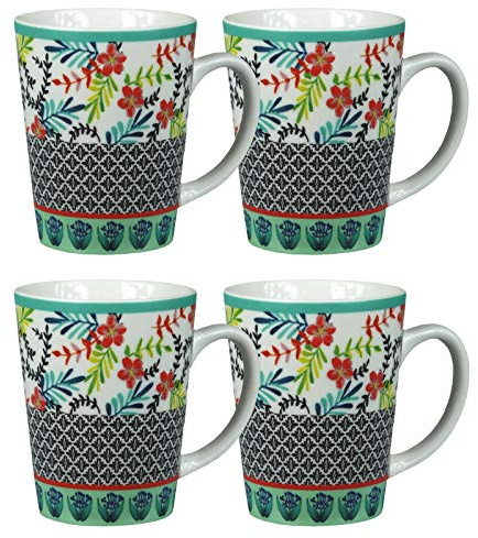 Decorative Floral Ceramic Tea Coffee Cups/Mugs 250ml - Set of 4 - Dishwasher & Microwave Safe