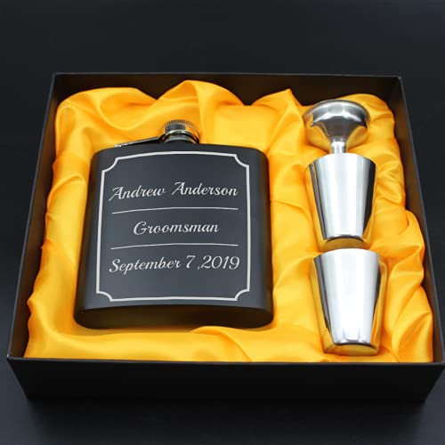 Flasque à whisky personnalisable en acier inoxydable gravé au laser 177,1 g avec entonnoir 2 tasses Gravure gratuite Groomsman Best Man Mariage Anniversaire Fête des pères Boîte cadeau Noir (Noir3)
