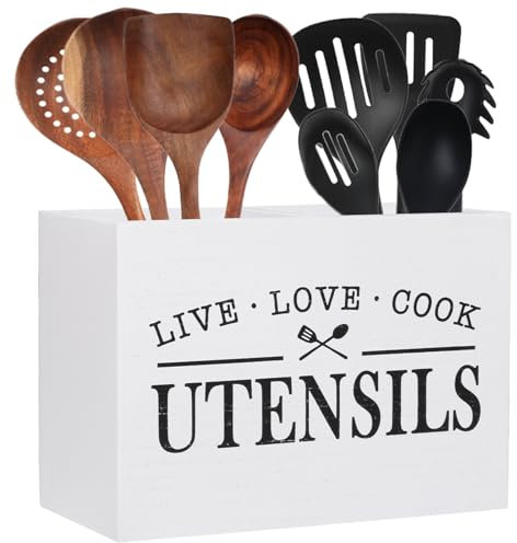 Karisky Soporte para utensilios de cocina para encimera, organizador de utensilios de madera maciza de granja con parte inferior extraíble, organizador grande de utensilios de cocina de 2