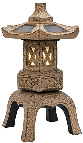 ZXHStore 18.9in Tall Stone Pagoda Outdoor Statue, Waterproof Zen Japanese Lantern Garden Sculpture Solar Powered LED Light Outdoor Decor