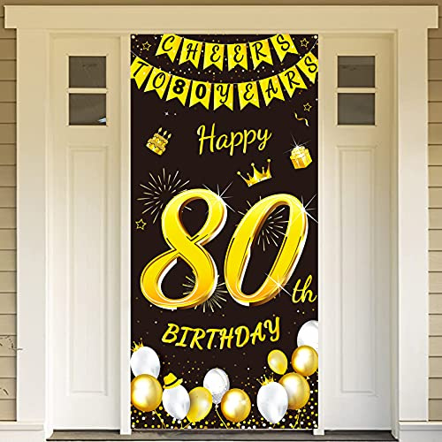 DPKOW Oro Nero 80 Anni Compleanno Decorazione Donna Uomo, Oro Nero Porta Striscione per 80 Anni Compleanno Addobbi Decorazione per Porta Sfondo Parete Tavolo Giardino, 185 x 90cm