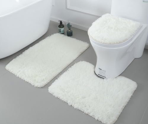 AONIYOU Juego de 3 alfombras de baño de microfibra suave, alfombra de baño + alfombrilla de contorno + funda para asiento de inodoro, alfombras de baño antideslizantes con parte trasera de franela de