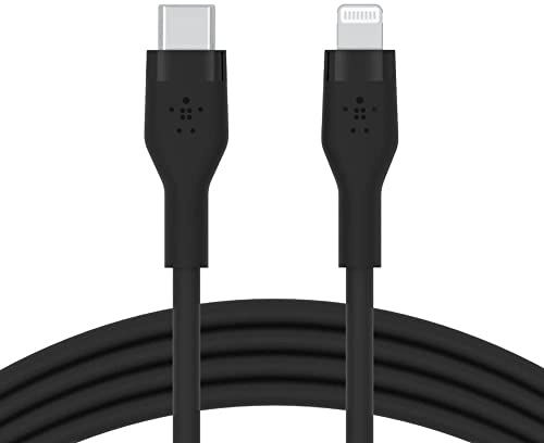 Belkin BoostCharge Flex Silikon-USB-C/Lightning-Kabel, 2 m, MFi-zertifiziert, 20 W, zum Schnellladen mit PD Power Delivery für iPhone 14/14 Plus, 13, 12, Pro, Max, mini, SE und andere Geräte – Schwarz
