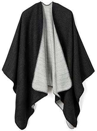 Lindoro Einfarbiger Schal für Damen Offener vorderer Poncho-Umhang, Warme Winter Strickjacke Pashmina Schal (Schwarz/Hellgrau)