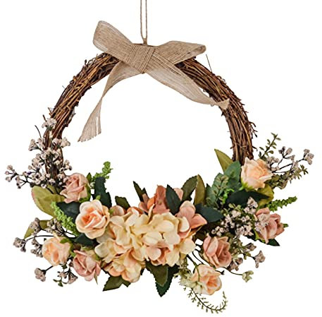 HINAA 40 x 27 cm Blumenkranz für Haustür, Rattan + Stoffkunst, Seidenblumenkranz für Türdekorationen, Halloween, Weihnachten, Herbst, Hochzeit, Party, hängende Dekorationen