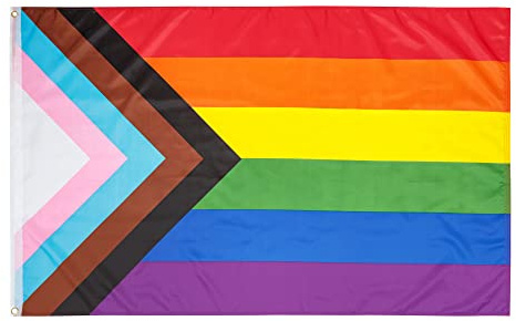 PHENO FLAGS Drapeau Pride Progress 90x150 cm – extrêmement résistant aux intempéries, avec œillets en laiton, 100% polyester, coutures doubles robustes et couleurs éclatantes – fierté arc-en-ciel