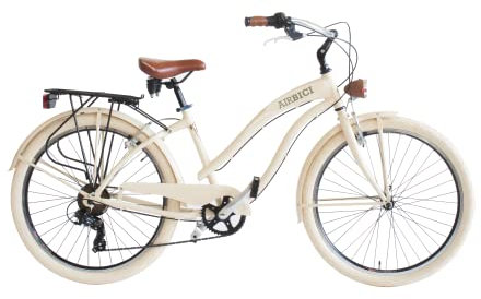 Airbici Fahrrad Beachcruiser Damen 26 Beige | City-Bike | BeachCruiser Bike 26 Zoll 6-Gang, Aluminiumrahmen, Schutzbleche, LED-Licht und Gepäckträger