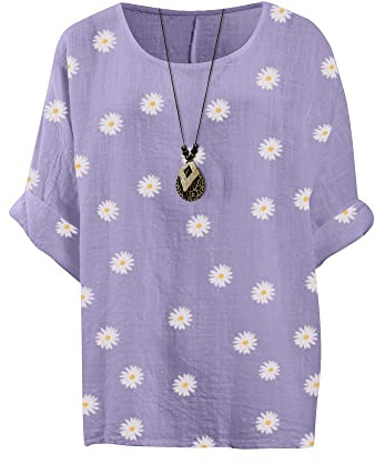 Love My Fashions® Women’s Summer Tops Casual Tunic Top for Women’s 3/4 Sleeve T-Shirt Ladies Floral Daisy Printed Loose Fit Top Blouse & Tee Shirts Lilac