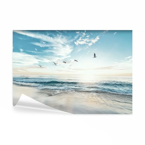 decomonkey Premium Fototapete Meer Vögel, 450x315 cm, XXL, Moderne Natur | Strand, Landschaft, Himmel, Sonne, Blau, Vlies, Schlafzimmer, Wohnzimmer, Design, Tapete, Fototapeten, Tapeten, Wandtapete