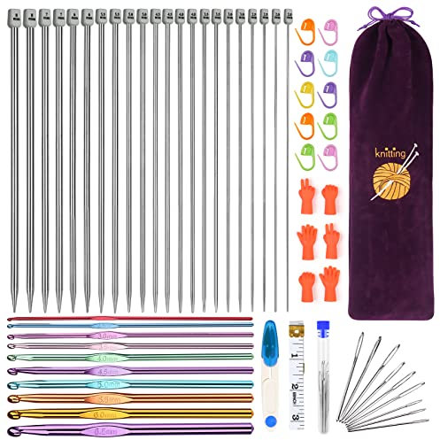 Aeelike 60 Stück Edelstahl Stricknadeln Set mit Tasche, 35 cm Metall Einspitzige Stricknadel Set für Socken, Pullover, Decken, 10 Stück Bunte Aluminium Häkelnadel Set mit Strickzubehör, Maschenstopper