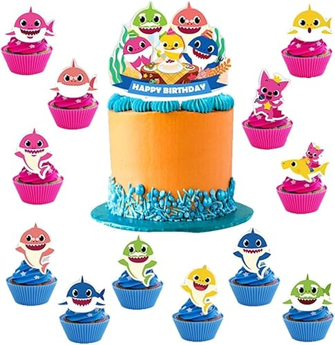 S-hark Cake Toppers 13PCS Birthday Party Decorations - Cupcake Decorations for Baby Shower and Kids Party