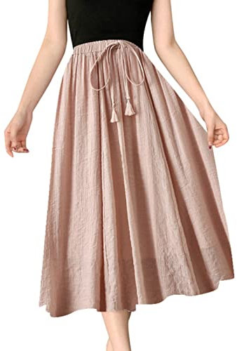 Kjol damer sommar linne lång kjol lätt och luftig sommarkjol maxikjol boho sommarkjol dubbelt lager elastisk midja veckad kjol kvinnor enfärgad lång kjol, ROSA, one size