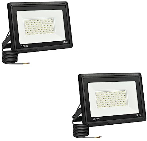 2PCS Projecteur LED Extérieur 100W, 10000LM 6000K Spot Éclairage Jardin | 144 LED Haute, Blanc Froid, Luminosité 120°, IP66 Étanche, Économie d'Énergie, Lampe Exterieur Pour Cour Garage Parking