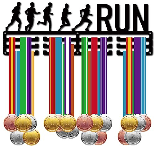 CREATCABIN Lauf-Medaillenhalter Aufhänger Medaillenständer Schwarzes Metall Eisen Rack Sport-Medaillenständer Rahmen Wandmontage Aufhängen Über 60 Medaillen Für Marathon-Läufer Geschenk 40x15cm