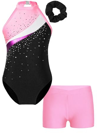 Oyolan Enfant Fille Justaucorps Gymnastique Strass avec Short Danse Gym Patinage Costume Spectacle Entraînement 5-16 Ans A Rose 9-10 ans