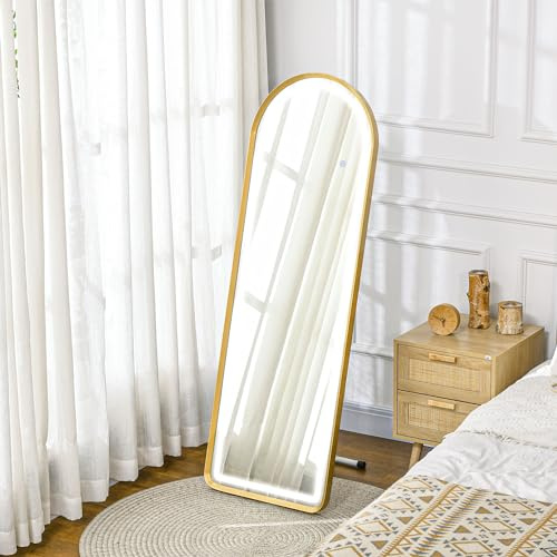 HOMCOM Ganzkörperspiegel, 151,5 x 50 x 4 cm Wandspiegel mit Ständer, Standspiegel mit LED-Leuchte, Dimmbar Garderobenspiegel mit Touch-Schlater, für Wohnzimmer, Schlafzimmer, Gold