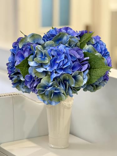 YalzoneMet Hortensia macrophylla, flor artificial, tacto real, realista, flores grandes, decoración del hogar, jardín, fiesta, boda, centro de mesa, 53,3 cm, color azul real y morado, 3 unidades
