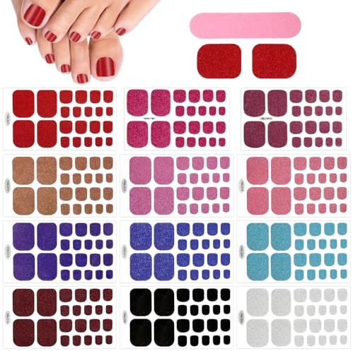 JSRQT 12 Blätter Volle Zehennagelaufkleber für Fußnagel Nagelkunst Glitzer Selbstklebend Nagelfolie Sticker mit Nagelfeile Zehennägel Abziehbilder Selbstklebend Nagel Sticker für Damen Mädchen