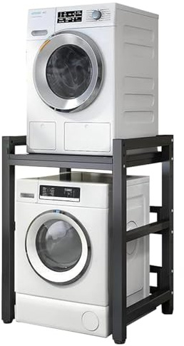 Kit de Superposition Lave Linge Seche Linge Meuble de Rangement pour Machine à Laver à Tambour Kit de Superposition Lave Linge Seche Linge pour Balcon Buanderie Charge 400kg (Gris Foncé, Cadre Noir)