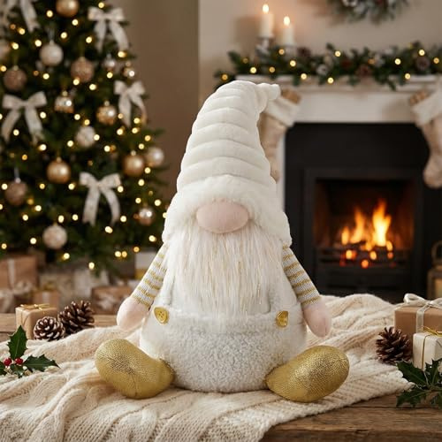 Valery Madelyn Weihnachtswichtel für Weihnachtsdeko,23cm Weihnachtsgnom Weiß Gold,Biegsamer Hut,Deko Weihnachten Zwerg für Fensterbank Tür Innen