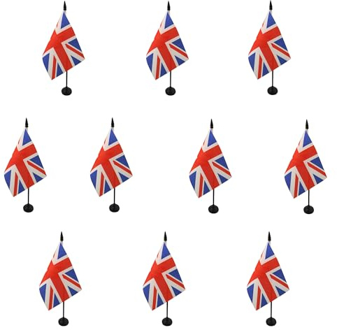 AZ FLAG Pack de 10 Banderas de Mesa Reino Unido 15x10 cm Base Plástico | Uso interior Bandera de escritorio inglesa United Kingdom acabado cosido y bordes reforzados poliéster 100D