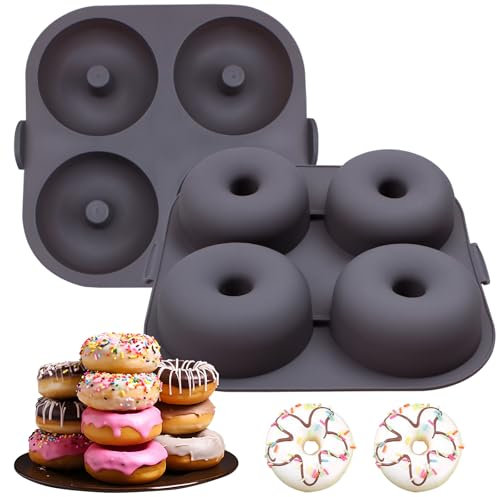 Fchil Silicone Donut Molds for Air Fryer, Set of 1, 4-Cavity Non-Stick Doughnut Pans with Carrying Handle, Doughnut Bagel Baking Tin for Muffins Cake, Dishwasher Safe, Grey