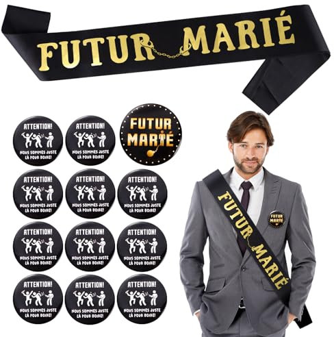 Pack 13Pcs Despedida de Soltero Hombre en Francés, 1 Cinta FUTUR MARIÉ + 1 Chapa Novio + 11 Chapas Alfileres Amigos Caballeros Honor, Accesorio Fiesta Boda Marido Esposo Negro Oro