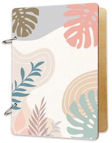 SUPERDANT Wooden Card Keeper Memory Book Loose Leaf Binder Bohemian Leaves Greeting Card Postcard Photo Album 2-Rings Wood Cover Abstract Birthday Christmas Card Organizer Keepsake