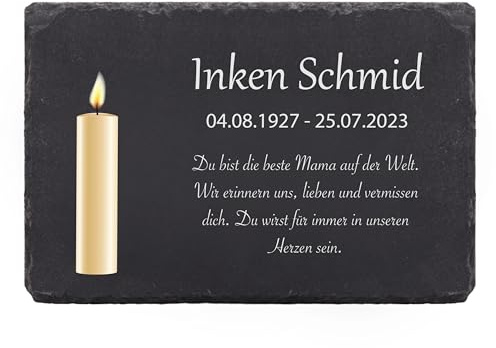 LAUBLUST Personalisierte Grabplatte als Grabschmuck für Menschen mit Wunschtext | Schieferplatte mit Gravur als Grabstein Deko & Grabtafel - Gedenkkerze, 3 Größen | Schöne Grabsteine mit Name