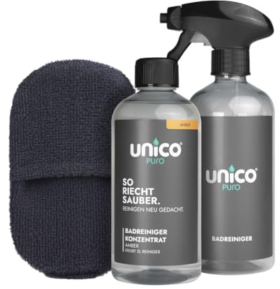 unicopuro® Badreiniger Starter-Set Amber – ohne reizenden Geruch – Konzentrat ergibt 5 L – inkl. Schaumsprühflasche & Schrubbi Schwamm– entfernt Kalk & Seifenreste, unglaubliche Düfte