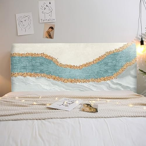 Kopfteil Bett Goldener Blauer Marmor Kopfteil Bezug Bettkopfteil Polyester Bett Kopfteil Bezug Headboard for Bed Staubdicht Bettkopfteil Bezug für Kopfteil Bett 200 cm Breit (Für 190-210cm)