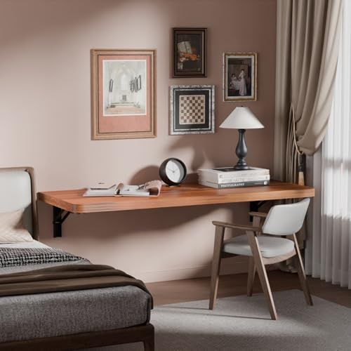 IAE Wall Mounted Folding Table with Pine Wood,Floating Wall Desk,Laundry Folding Table with Shelf Brackets,Fold Down Desk Shelf,Folding Workbench for Home,Dining,Laundry Room,Kitchen,36 x 14,Teak