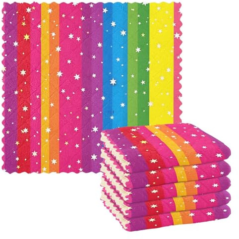 Mnsruu Microfibre Cleaning Cloths Rainbow Stripes Star Reusable Dish Cloths for Washing Up 6 Pack Swedish Dishcloth Microfibre Cleaning Towels Washable Duster Rags Cloth Home