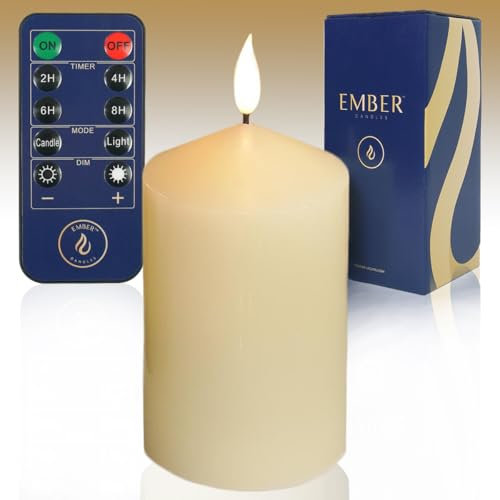 Ember Candles™ Bougie LED à piles vacillante Ivoire 12,5 cm – 100 % cire véritable, ultra réaliste, sans flamme, design coulé à la main, minuterie de 6 h