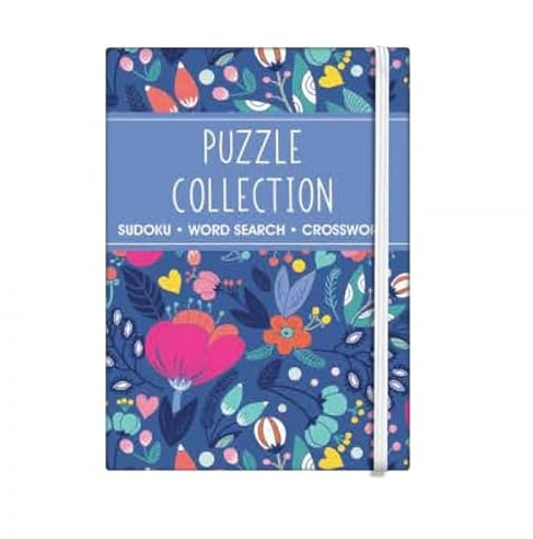 Sixstore A6 Pocket Travel Size 3 in 1 Sudoku, Word Search, Crossword Puzzle Book, Size 15 x 10.5cm with Elastic Band, Blue Floral