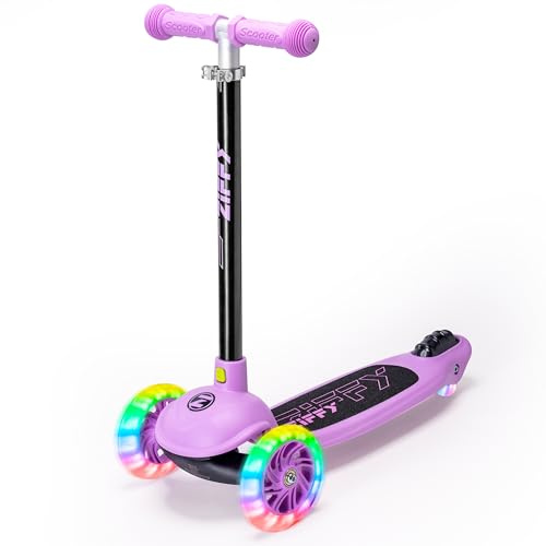 ZIFFY 3 Wheel Scooter for Kids 3-5, Toddler Kick Scooters with LED Light-Up Wheels for Boys and Girls, 5 Adjustable Height and Lean-to-Steer Design, Support up to 110 lbs, Purple