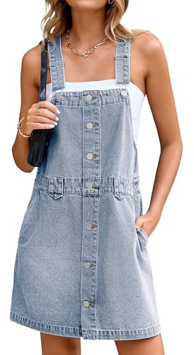 Glamaker Damen Denim Overall Kleid Jeans Ärmellos 2025 Mini Latzhose Casual Knopf Kleid mit Tasche, weiß/blau, Mittel