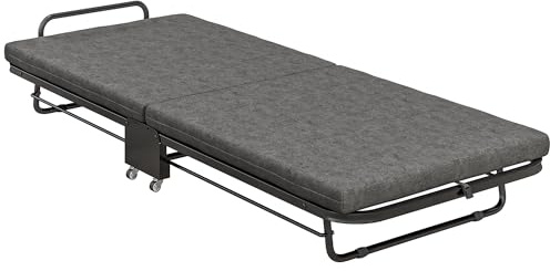 HOMCOM Folding Bed with Mattress, Foldable Guest Bed on Wheels, Portable Single Bed with 7cm Mattress, 188 x 76cm, Grey