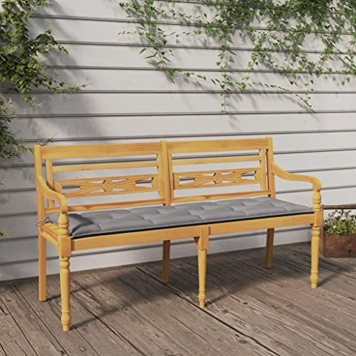 CINDERFUL Batavia-Bank mit Grauem Kissen 150 cm Massivholz Teak,Stilvolle TeakholzGartenbank mit bequemen Polstern für Garten und Balkon Terrassen Sitzmöbel, Gartenbänke