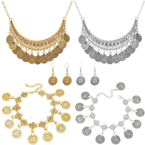 8 Stück Gold Vintage Münze Schmuck Schmuck Wahrsagerin Gold Set Zigeuner Kostüm Damen Accessoires Schmuckstücke Im Böhmischen Stil für Bauchtanz Kostüme und Karnevalspartys