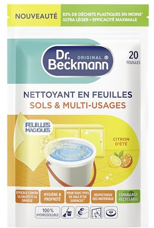 Dr. Beckmann - Nettoyant Sols - feuilles prédosées - Citron- 20 feuilles | 1 feuille = 1 seau - dégraisse et nettoir Sols et multisages - 83% de déchets plasiqtues vs bidon - citron