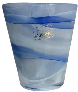 Omniacasa, Lot de 12 verres à eau en verre de Murano, fabrication artisanale, décorés avec effet vagues, couleur blanc et bleu, fabriqués en Italie, élégants pour table, idée cadeau