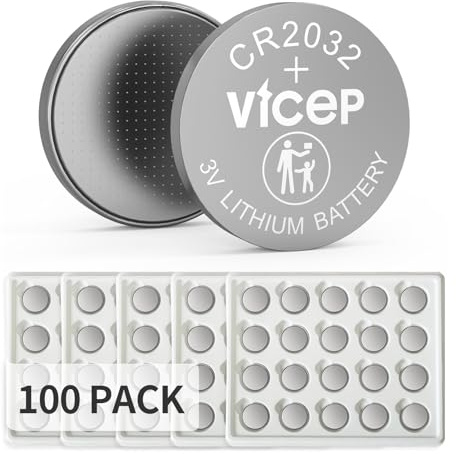 ViCep Paquete de 100 Pilas CR2032 Pila Boton CR 2032 de Litio 3V para llaveros de Coche, Relojes, calculadoras, Luces LED y más. Paquete de paletas