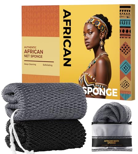 African Net Sponge Authentic - 2 Pieces Body Back Scrubber Bath Sponge with Knots - Afro Loofah Exfoliating Wash Cloth for Shower - African Body Care Daily Use Bathing Accessories