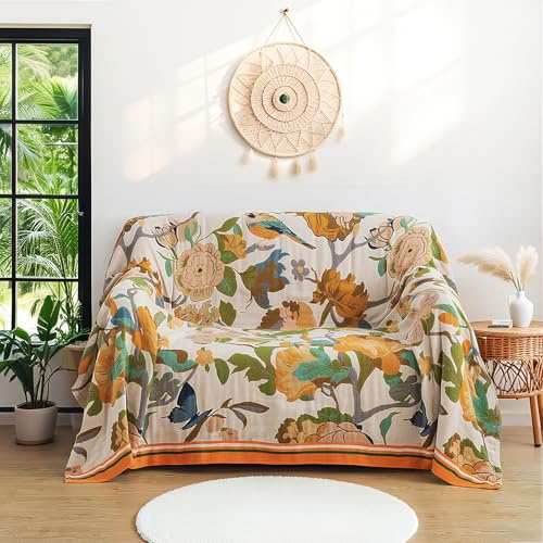 Wotcsil Plaid Divano Cotone Floreale Coperta Boho per Divano Coperta Cotone Singolo Copriletto 150x200cm, Loto