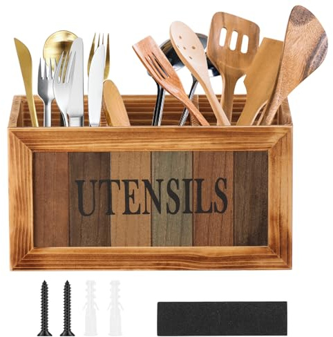 Porte-ustensiles de cuisine avec 3 compartiments, robuste, style vintage, en bois massif, 29,5 x 12 x 17 x 15,5 cm, panier à couverts multifonction pour le comptoir de cuisine, décoration de cuisine