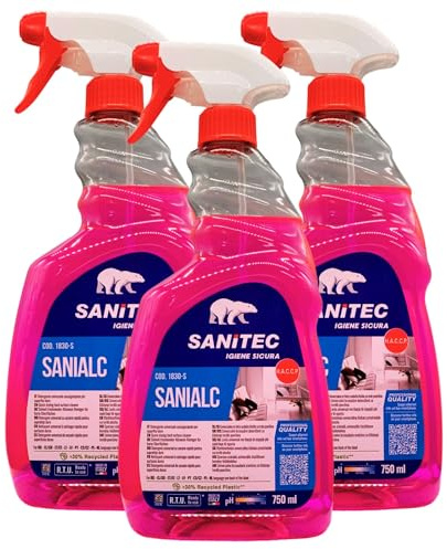 Detergente Universale A Base Alcolica (<5% Alcool) SANIALC Per Superfici Dure. Pulisce e Sgrassa Senza Risciacquo e Asciuga Rapidamente Senza Lasciare Aloni Sulle Superfici 750ml (3 Spray)
